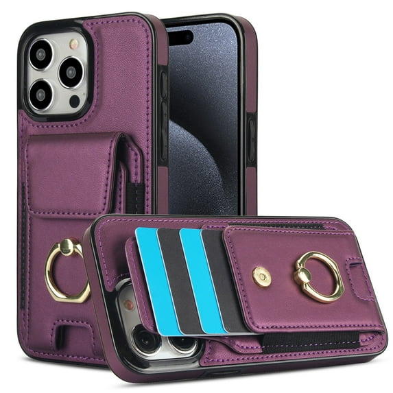 SaniMore for iPhone 14 Pro Max Case with Metal Rotating Ring Kickstand RFID Blocking Card Slots PU Leather Anti-scractch Wear-resitant Shockproof Wallet Cover for iPhone 14 Pro Max(6.7" 2022), Purple