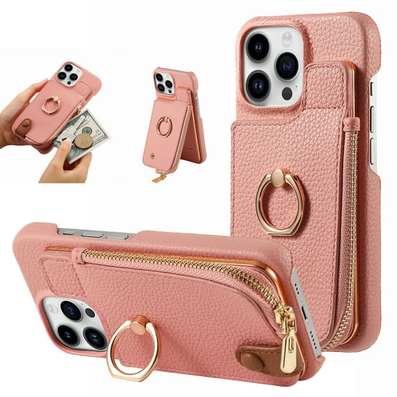 SaniMore for iPhone 14 Pro Max Case, PU Leather Zipper Purse RFID Blocking Card Slots Flip Kickstand Metal Finger Ring Magnetic Car Mount Shockproof Anti-fall Rugged Wallet Shell for Ladies Men, Pink