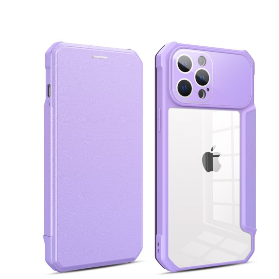 SaniMore for iPhone 14 Pro Max Case Transparent PC & Soft TPU Built-in Electroplated Lens Ring, Magnetic Flip Cover with Card Slot & Kickstand Shockproof Protective Shell, Purple