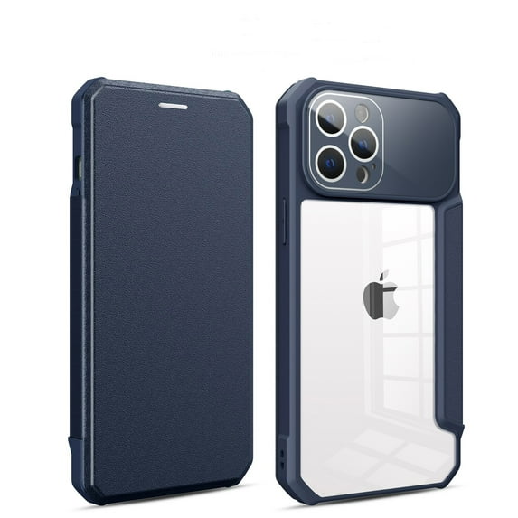 SaniMore for iPhone 14 Pro Max Case Transparent PC & Soft TPU Built-in Electroplated Lens Ring, Magnetic Flip Cover with Card Slot & Kickstand Shockproof Protective Shell, Blue