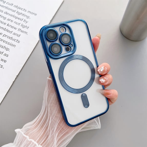 SaniMore for iPhone 14 Pro Max Magnetic Case Support Wireless Charging, Rugged PC Transparent Cover with Tempered Glass Camera Lens Protector & Dust Proof Net Shockproof Protective Shell, Deep Blue