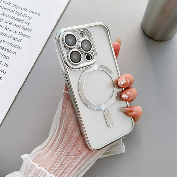 SaniMore for iPhone 14 Pro Max Magnetic Case Support Wireless Charging, Rugged PC Transparent Cover with Tempered Glass Camera Lens Protector & Dust Proof Net Shockproof Protective Shell, Silver