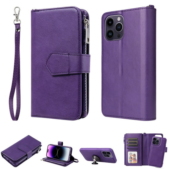 SaniMore for iPhone 14 Pro Max Magnetic Detachable Flip Zipper Wallet Case, PU Leather 2-in-1 Cover with Wrist Strap Card Slot & Multi-Angle Kickstand Full Body Protective Shell, Purple