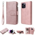 thumbnail image 1 of SaniMore for iPhone 14 Pro Max Magnetic Detachable Flip Zipper Wallet Case, PU Leather 2-in-1 Cover with Wrist Strap Card Slot & Multi-Angle Kickstand Full Body Protective Shell, Rosegold, 1 of 8