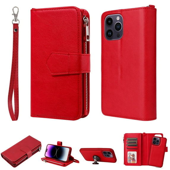 SaniMore for iPhone 14 Pro Max Magnetic Detachable Flip Zipper Wallet Case, PU Leather 2-in-1 Cover with Wrist Strap Card Slot & Multi-Angle Kickstand Full Body Protective Shell, Red