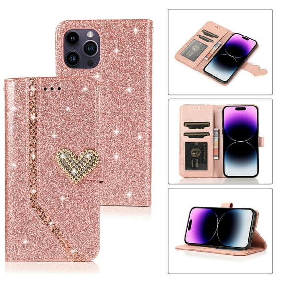 SaniMore for iPhone 14 Pro Max Magnetic Glitter Love Flip Wallet Case with Card Slot & Kickstand, Premium PU Leather Case with Wrist Strap Shockproof Protective Case for Women Ladies Girls, Rosegold