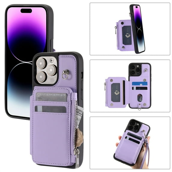 SaniMore for iPhone 14 Pro Max PU Leather Case, Zipper Purse RFID Blocking 4 Card Slots Removeable Wrist Strap Protective Handbag Flip Cover Stylish Shockproof for Girls Women, Purple