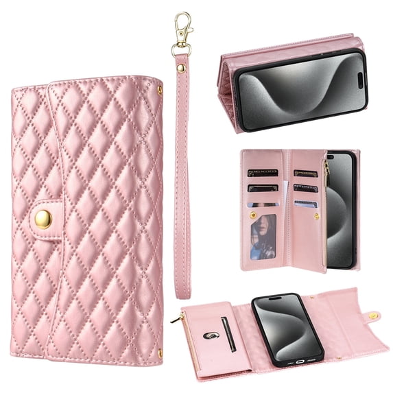 SaniMore for iPhone 14 Pro Max Wallet Case, PU Leather Wrist Shoulder Strap Flip Stand Card Slots RFID Blocking Zipper Purse Shockproof Anti-fall TPU Inner Shell Flip Folio Protective Cover, Rosegold