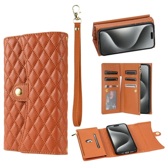 SaniMore for iPhone 14 Pro Max Wallet Case, PU Leather Wrist Shoulder Strap Flip Stand Card Slots RFID Blocking Zipper Purse Shockproof Anti-fall TPU Inner Shell Flip Folio Protective Cover, Brown