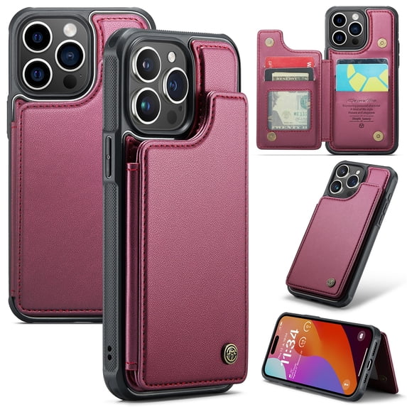 SaniMore for iPhone 14 Pro Max Wallet Case, RFID Blocking PU Leather Kickstand Credit Slots Flip Folio Protective Case, Double Magnetic Clasp Durable Shockproof Cover for iPhone 14 Pro Max, Winered