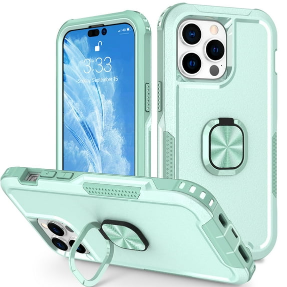 SaniMore for iPhone 14 Pro Multi-Functional Case, 3-Layer Protection Magnetic Cover Support Car Mount & 360° Rotatable Metal Ring Kickstand Full Body Shockproof Protective Shell, Green