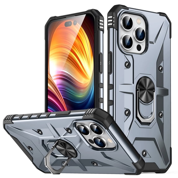 SaniMore for iPhone 14 Pro Multi-Functional Case, Rugged PC Magnetic Cover Built-in Car Mount & 360° Rotatable Metal Ring Kickstand Military Grade Shockproof Protective Shell, Gray