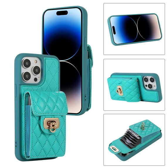 SaniMore for iPhone 14 Pro PU Leather Case, Multi-Functional Metal Snap Wallet Cover with Card Slot & Kickstand Shoulder Strap Full Body Protective Shell for iPhone 14 Pro, Green