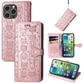 thumbnail image 1 of SaniMore for iPhone 14 Pro PU Leather Flip Wallet Case, Cat Dog Cartoon Cute Style with ID Card Holder Kickstad Cover Case with Wrist Strap for iPhone 14 Pro 6.1" 2022, Rosegold, 1 of 10