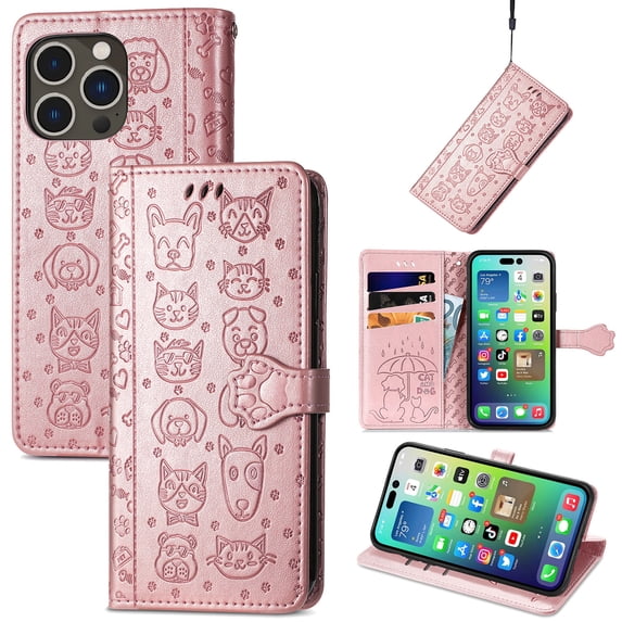 SaniMore for iPhone 14 Pro PU Leather Flip Wallet Case, Cat Dog Cartoon Cute Style with ID Card Holder Kickstad Cover Case with Wrist Strap for iPhone 14 Pro 6.1" 2022, Rosegold