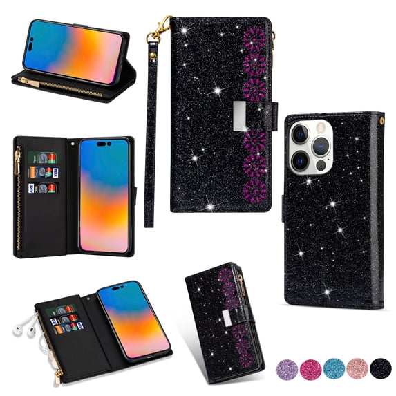 SaniMore for iPhone 14 Pro Star Laser Engraving Case, Magnetic Flip Zipper Wallet Cover Support Wrist Strap Card Slot & Kickstand Shockproof Protective Shell for Girls Ladies, Black