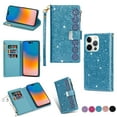 thumbnail image 1 of SaniMore for iPhone 14 Pro Star Laser Engraving Case, Magnetic Flip Zipper Wallet Cover Support Wrist Strap Card Slot & Kickstand Shockproof Protective Shell for Girls Ladies, Skyblue, 1 of 9