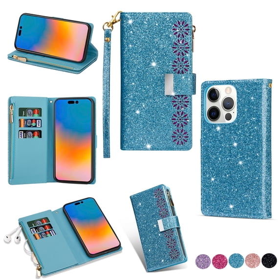 SaniMore for iPhone 14 Pro Star Laser Engraving Case, Magnetic Flip Zipper Wallet Cover Support Wrist Strap Card Slot & Kickstand Shockproof Protective Shell for Girls Ladies, Skyblue