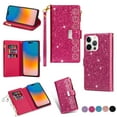 thumbnail image 1 of SaniMore for iPhone 14 Pro Star Laser Engraving Case, Magnetic Flip Zipper Wallet Cover Support Wrist Strap Card Slot & Kickstand Shockproof Protective Shell for Girls Ladies, Rose, 1 of 8