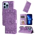 thumbnail image 1 of SaniMore for iPhone 14 Pro Wallet Case, Shockproof PU Leather Stand Cover with Card Slot Flip Kickstand Embossed Flower Magnetic Clasp Wrist Strap for iPhone 14 Pro, Purple, 1 of 12