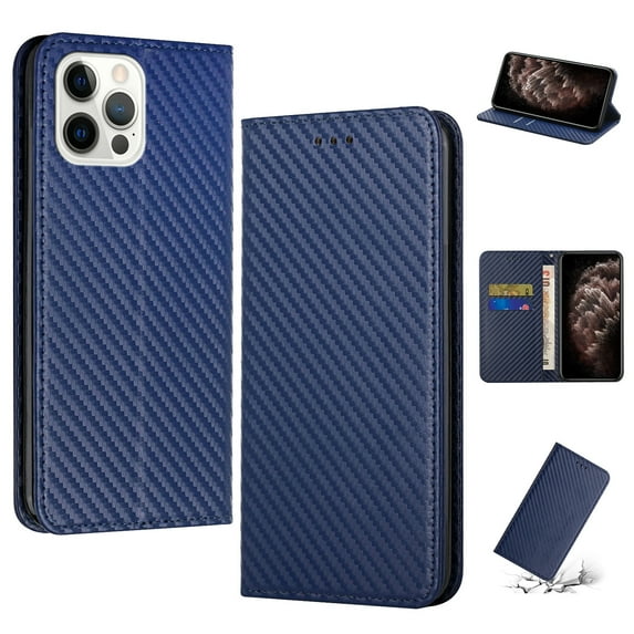 SaniMore for iPhone 14 Pro Wallet Case, Wrist Strap Magnetic Clasp, Card Slots Carbon Fibre Skin Shockproof TPU Anti-drop Anti-scractch Stand Business Full Protective Shell for iPhone 14 Pro, Blue