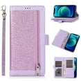 thumbnail image 1 of SaniMore for iPhone 14 Wallet Case, Glitter PU Leather for Girls Women Zipper Purse Card Slots Cash Pocket Hand Rope Flip Kickstand Shockproof TPU Inner Magnetic Clasp Protective Shell, Purple, 1 of 7