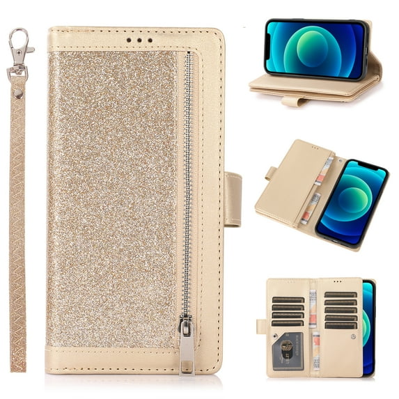 SaniMore for iPhone 14 Wallet Case, Glitter PU Leather for Girls Women Zipper Purse Card Slots Cash Pocket Hand Rope Flip Kickstand Shockproof TPU Inner Magnetic Clasp Protective Shell, Gold