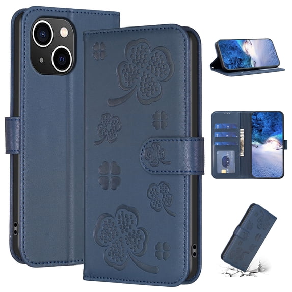 SaniMore for iPhone 14 Wallet Case, PU Leather Embossed Flower Adjustable Stand Card Slots Cash Pocket Business Shell Styllish Full Protective Shockproof Anti-drop TPU Inner Retro Design, Blue