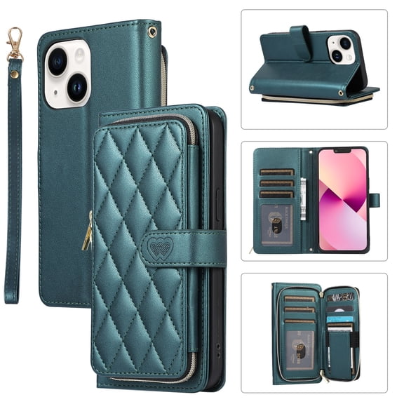 SaniMore for iPhone 15（2023) Buisness Case, Zipper Purse [Card Holders] Magnetic Clasp Flip Kickstand Wrist/Crossbody Lanyard PU Leather Wear-resistant Full Body Protective Wallet Shell, Darkgreen