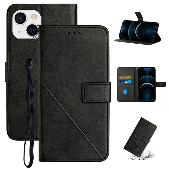 SaniMore for iPhone 15 (6.1" 2022) Wallet Case with Wrist Strap Magnetic Clasp, Card Slots PU Leather Skin Shockproof TPU Inner Anti-drop Flip Stand Business Shell Wear-resistant - Black