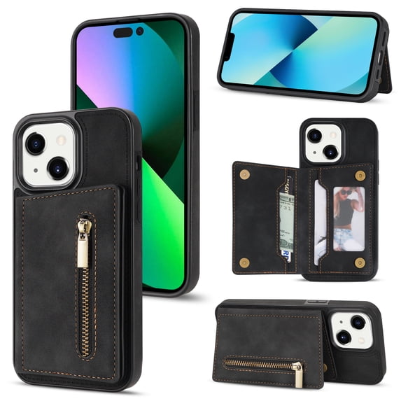 SaniMore for iPhone 15 6.1" 2023 Back Case with Zipper Card Pokcet Flip Wallet/Kickstand Shock Absorption Anti-fall Retro PU Leather Wear-resistant Shell for iPhone 15, Black