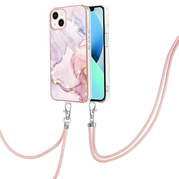 SaniMore for iPhone 15 6.1" 2023 Case with Detachable Crossbody Lanyard Shockproof TPU Backplane Marble Pattern Luxury Fashion Anti-drop Slim Lightweight Cover for iPhone 15, Rosegold