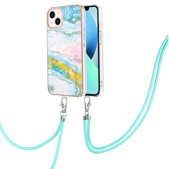 SaniMore for iPhone 15 6.1" 2023 Case with Detachable Crossbody Lanyard Shockproof TPU Backplane Marble Pattern Luxury Fashion Anti-drop Slim Lightweight Cover for iPhone 15, Green/Pink