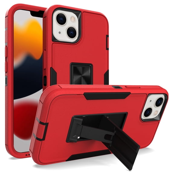 SaniMore for iPhone 15 (6.1" 2023) Case, Hidden Bracket Magnetic Car Holder Dust Cover 3-layer Heavy Duty Protective Rugged Anti-fall Shock Absorption Cover for iPhone 15, Red/Black