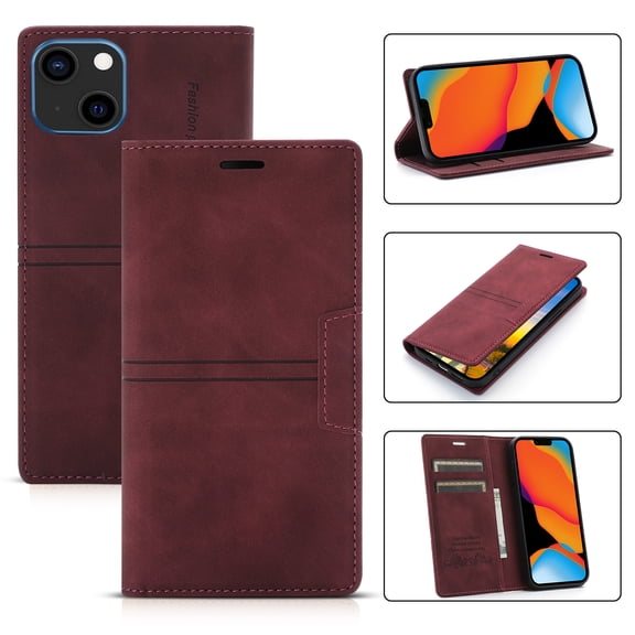SaniMore for iPhone 15 6.1" 2023 Case [Magnetic Flip Full Protective Cover] Card Slots + Cash Pokcet + Kickstand + Retro Wear-resisitant PU Leather + Shockproof TPU Inner Business Shell, Winered