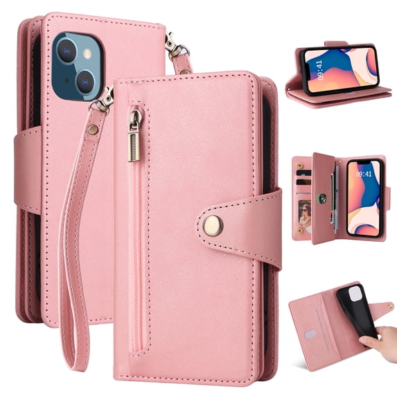 SaniMore for iPhone 15 (6.1" 2023) Case, PU Leather 2 in 1 Zipper Wallet Removeable Wris Strap Card Slots Cash Pocket Kickstand Shockproof Anti-fall Full Protective Shell, Rosegold