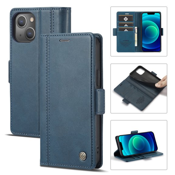 SaniMore for iPhone 15 6.1" 2023 Case, PU Leather Magnetic Flip Folio Shell with Card Holders RFID Blocking Kickstand Shockproof TPU Case Magnetic Closure Business Cover, Blue