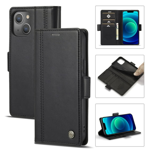 SaniMore for iPhone 15 6.1" 2023 Case, PU Leather Magnetic Flip Folio Shell with Card Holders RFID Blocking Kickstand Shockproof TPU Case Magnetic Closure Business Cover, Black