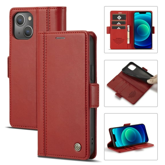 SaniMore for iPhone 15 6.1" 2023 Case, PU Leather Magnetic Flip Folio Shell with Card Holders RFID Blocking Kickstand Shockproof TPU Case Magnetic Closure Business Cover, Red