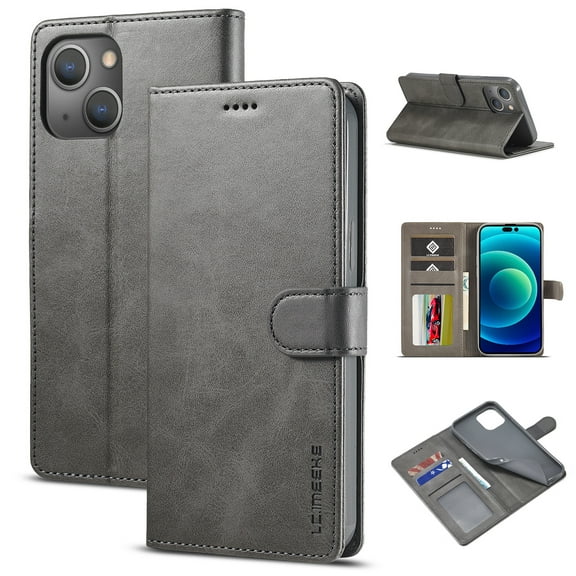 SaniMore for iPhone 15 6.1" 2023 Case, PU Leather Skin & Soft TPU Inner Shell [Card Holder + Cash Pocket + Flip Kickstand] Magnetic Closure Protective Wallet Cover SaniMore for iPhone 15, Gray