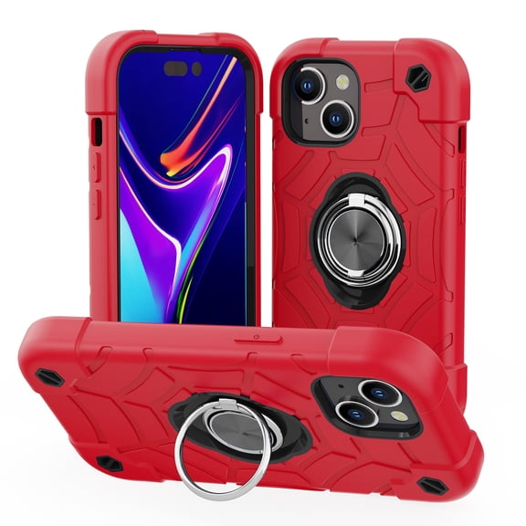 SaniMore for iPhone 15(6.1" 2023) Case, Tri-layer Hybird PC TPU Heavy Duty Protective Cover with Tempered Glass Screen Protector (2PCS) + Rotating Ring Kickstand Drop Resistant Shockproof, Red+Black