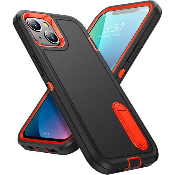 SaniMore for iPhone 15 6.1" 2023 Hybird Case, Rugged PC Back Shockproof TPU Shell Metal Hidden Kicksatnd Drop Resistant Anti-slip Heavy Duty Protective Cover for iPhone 15, Black+Orange