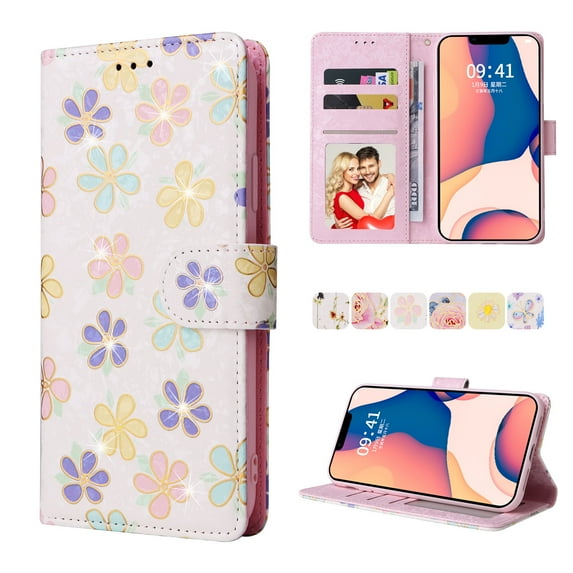 SaniMore for iPhone 15 (6.1" 2023) PU Leather Case with Luxury Flower for Girls Women Stand Feature Card/Cash Slots Detachable Waist Strap Magnetic Clasp All-inclusive Cover, Small Flowers