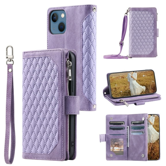 SaniMore for iPhone 15 (6.1" 2023) Wallet Case with Wrist/Crossbody Lanyard, 3D Lattice PU Leather Flip Kickstand Zipper Purse & Card Slots Magnetic Clasp Shockproof TPU Shell Anti-drop - Purple