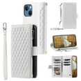 thumbnail image 1 of SaniMore for iPhone 15 (6.1" 2023) Wallet Case with Wrist/Crossbody Lanyard, 3D Lattice PU Leather Flip Kickstand Zipper Purse & Card Slots Magnetic Clasp Shockproof TPU Shell Anti-drop - White, 1 of 14