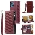 thumbnail image 1 of SaniMore for iPhone 15 (6.1" 2023) Wallet Case with Wrist/Crossbody Lanyard, 3D Lattice PU Leather Flip Kickstand Zipper Purse & Card Slots Magnetic Clasp Shockproof TPU Shell Anti-drop - Winered, 1 of 13