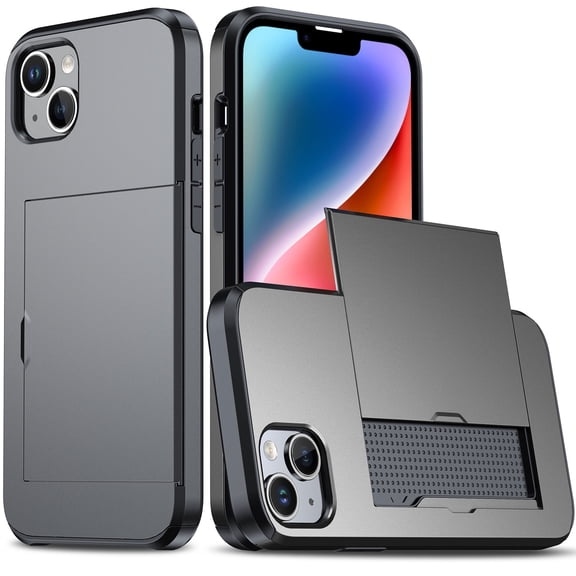 SaniMore for iPhone 15 6.1" Case with Card Holder, Slim Dual Layer Heavy Duty iPhone 15 2023 Wallet Case Hidden Sliding Credit Slot Protective Cover for Men Women, Gray
