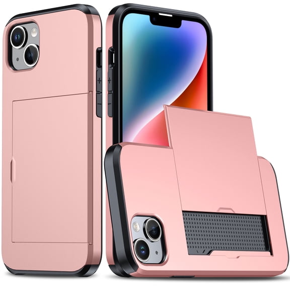 SaniMore for iPhone 15 6.1" Case with Card Holder, Slim Dual Layer Heavy Duty iPhone 15 2023 Wallet Case Hidden Sliding Credit Slot Protective Cover for Men Women, Pink