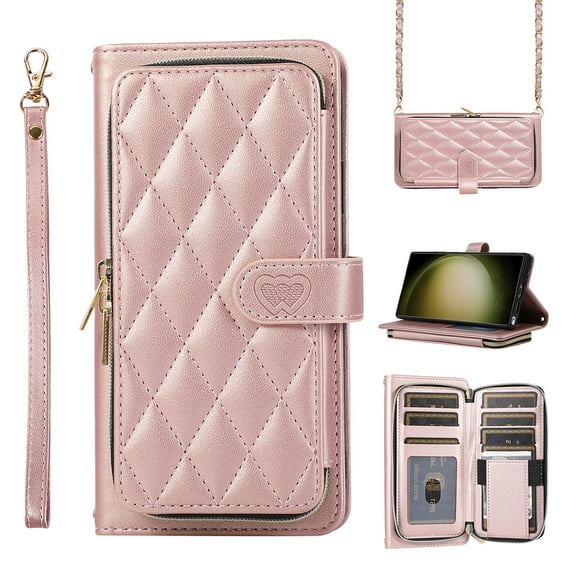 SaniMore for iPhone 15 Buisness Case, Zipper Purse [Card Holders] Magnetic Clasp Kickstand Wrist/Crossbody Chain Lanyard PU Leather Wear-resistant Full Body Protective Wallet Shell, Rosegold