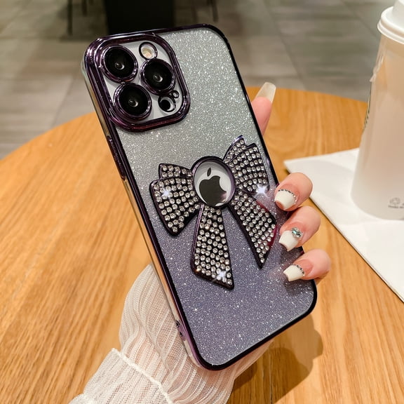 SaniMore for iPhone 15 Case Bowknot Glitter Rhinestone Bling Plating Luxury Women Girl, Shine Diamond Case for iPhone 15 6.1" 2023 Protective Cover, Clear Gradient Purple